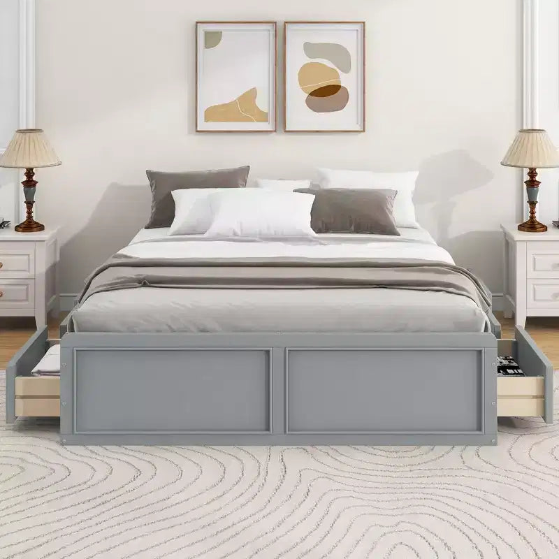 Lit Plateforme Queen Size en Bois, Cadre de Lit avec 6 Tiroirs - ModernLuxe