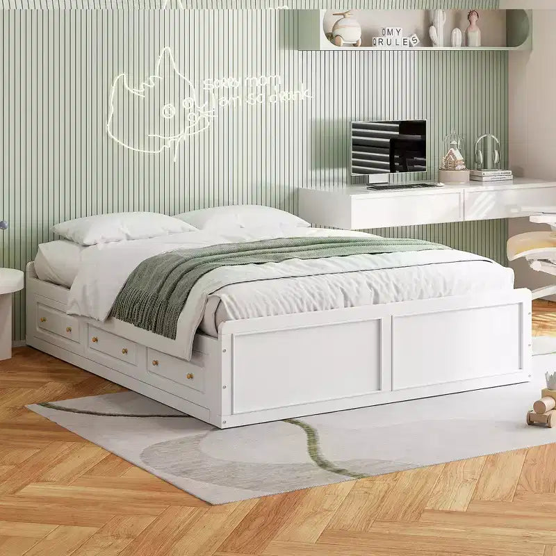 Lit Plateforme Queen Size en Bois, Cadre de Lit avec 6 Tiroirs - ModernLuxe