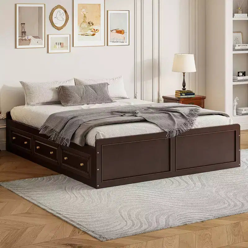 Lit Plateforme Queen Size en Bois, Cadre de Lit avec 6 Tiroirs - ModernLuxe