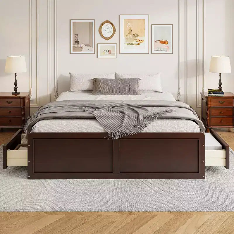 Lit Plateforme Queen Size en Bois, Cadre de Lit avec 6 Tiroirs - ModernLuxe