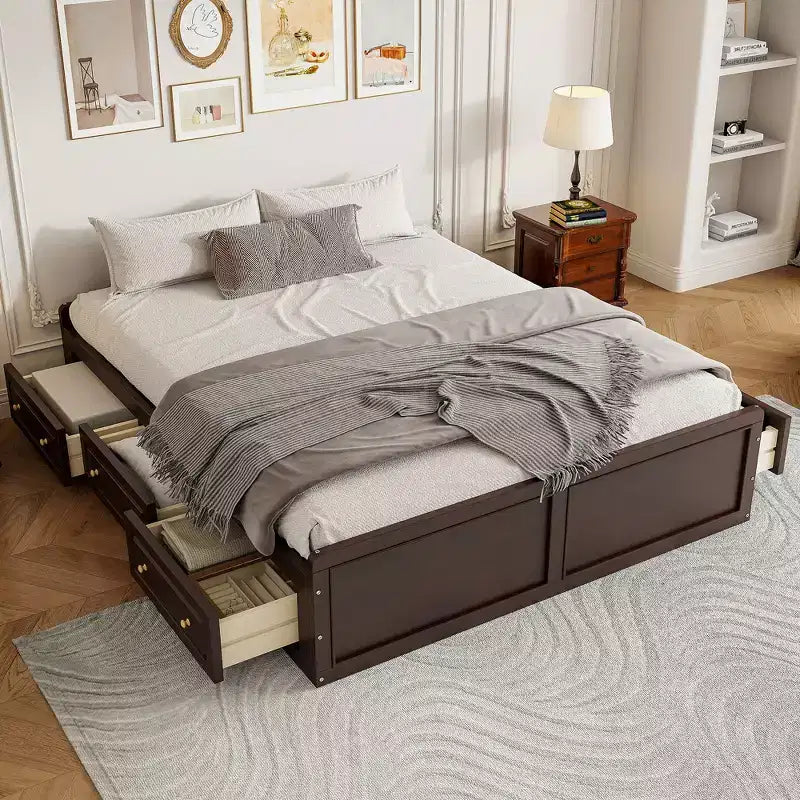 Queen Size Wood Platform Bed, Bed Frame with 6 Drawers -ModernLuxe