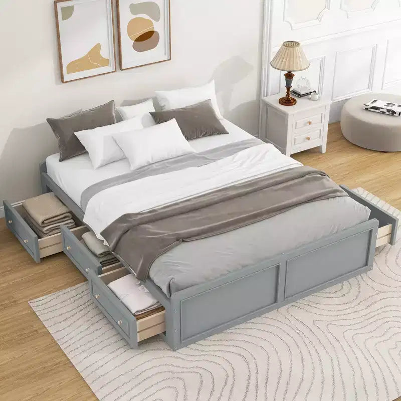 Lit Plateforme Queen Size en Bois, Cadre de Lit avec 6 Tiroirs - ModernLuxe