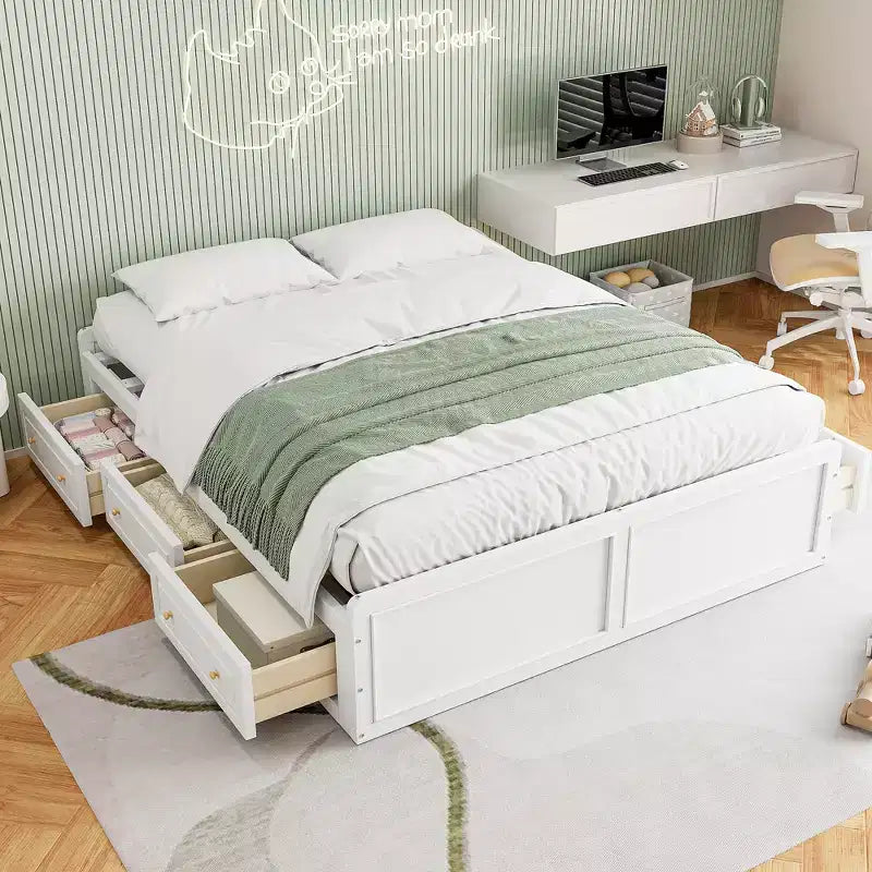 Lit Plateforme Queen Size en Bois, Cadre de Lit avec 6 Tiroirs - ModernLuxe