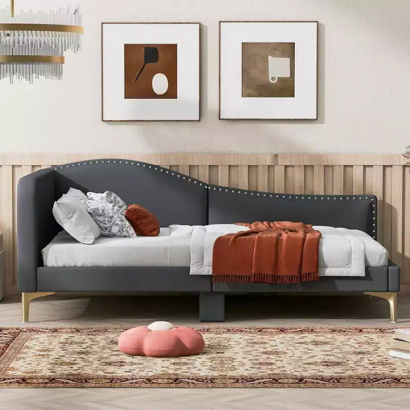 Lit de repos capitonné Twin/Full avec tête de lit, accoudoir et pieds de support, Gris/Beige-ModernLuxe