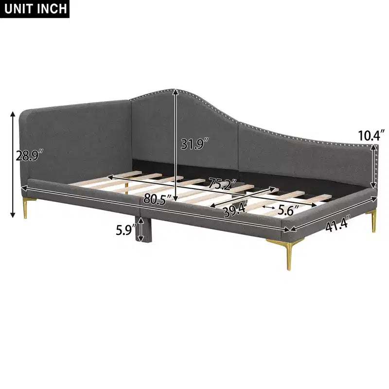 Lit de repos capitonné Twin/Full avec tête de lit, accoudoir et pieds de support, Gris/Beige-ModernLuxe