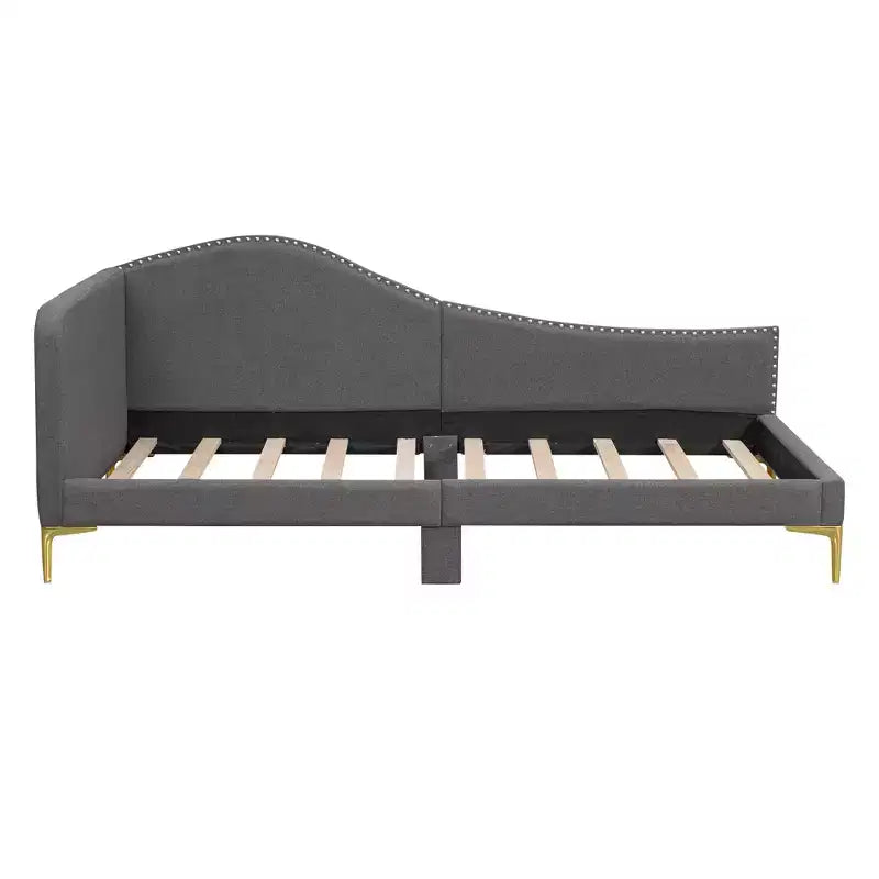 Lit de repos capitonné Twin/Full avec tête de lit, accoudoir et pieds de support, Gris/Beige-ModernLuxe