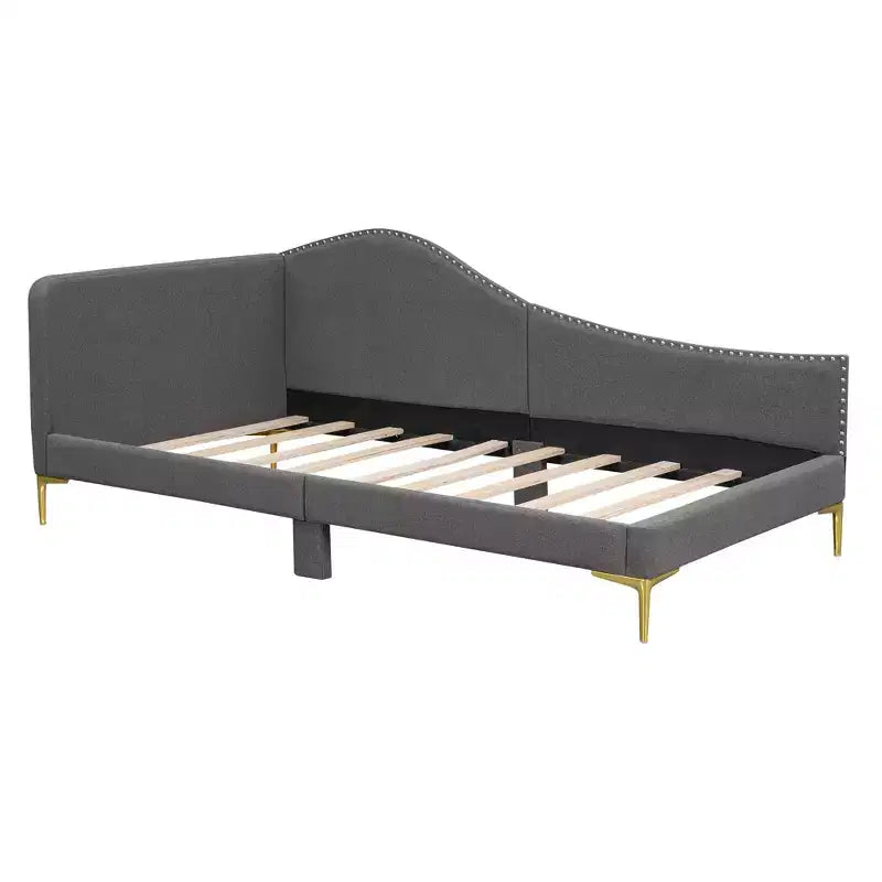 Lit de repos capitonné Twin/Full avec tête de lit, accoudoir et pieds de support, Gris/Beige-ModernLuxe
