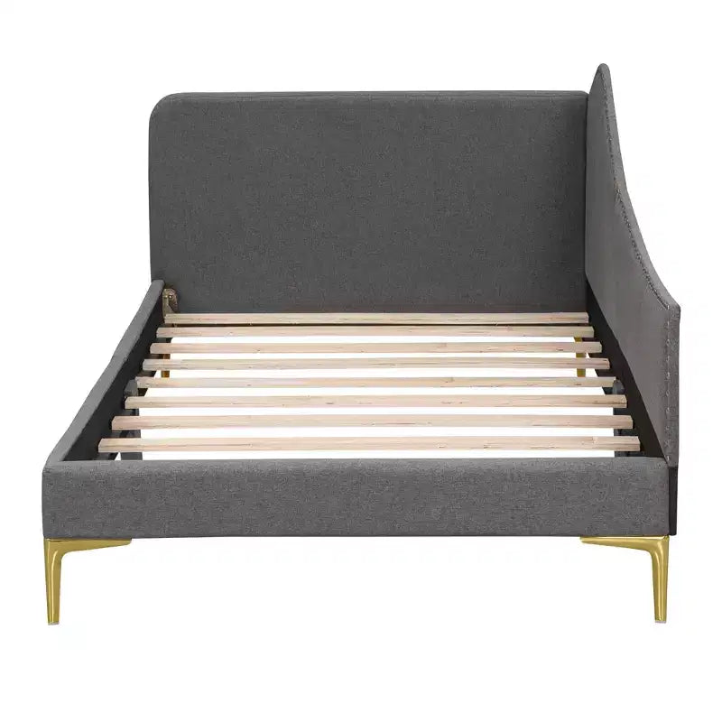 Lit de repos capitonné Twin/Full avec tête de lit, accoudoir et pieds de support, Gris/Beige-ModernLuxe
