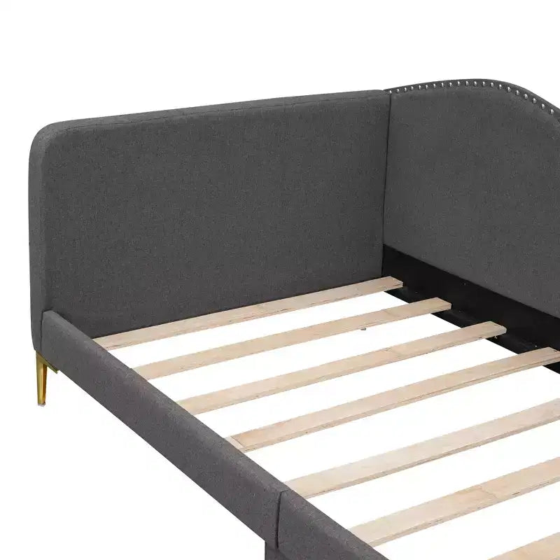Lit de repos capitonné Twin/Full avec tête de lit, accoudoir et pieds de support, Gris/Beige-ModernLuxe
