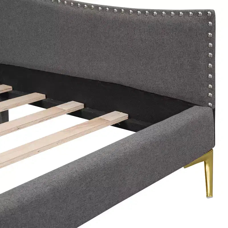 Lit de repos capitonné Twin/Full avec tête de lit, accoudoir et pieds de support, Gris/Beige-ModernLuxe