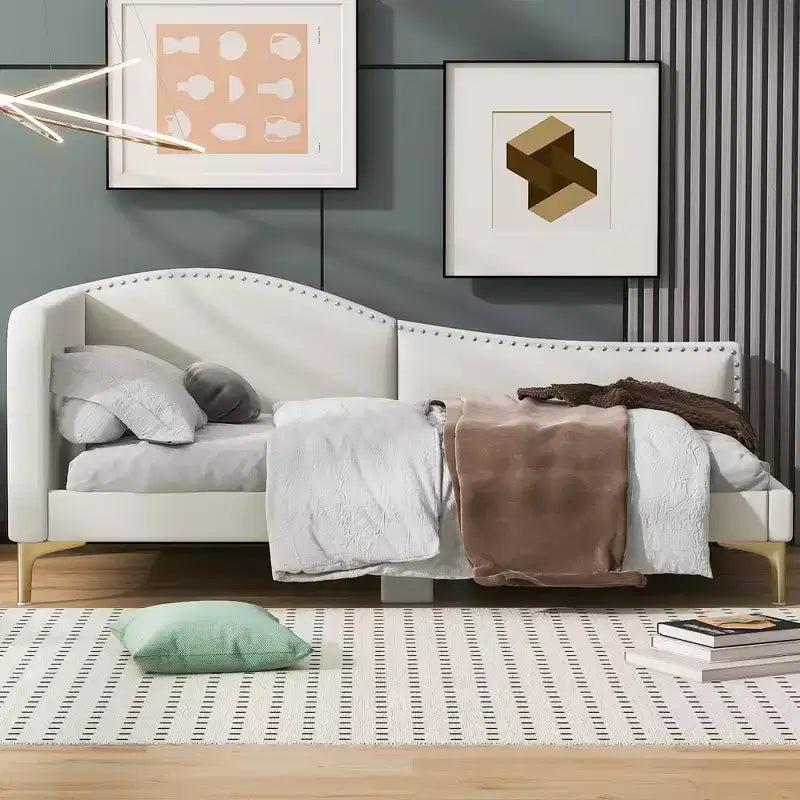 Lit de repos capitonné Twin/Full avec tête de lit, accoudoir et pieds de support, Gris/Beige-ModernLuxe