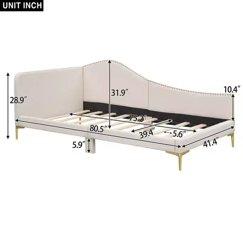 Lit de repos capitonné Twin/Full avec tête de lit, accoudoir et pieds de support, Gris/Beige-ModernLuxe
