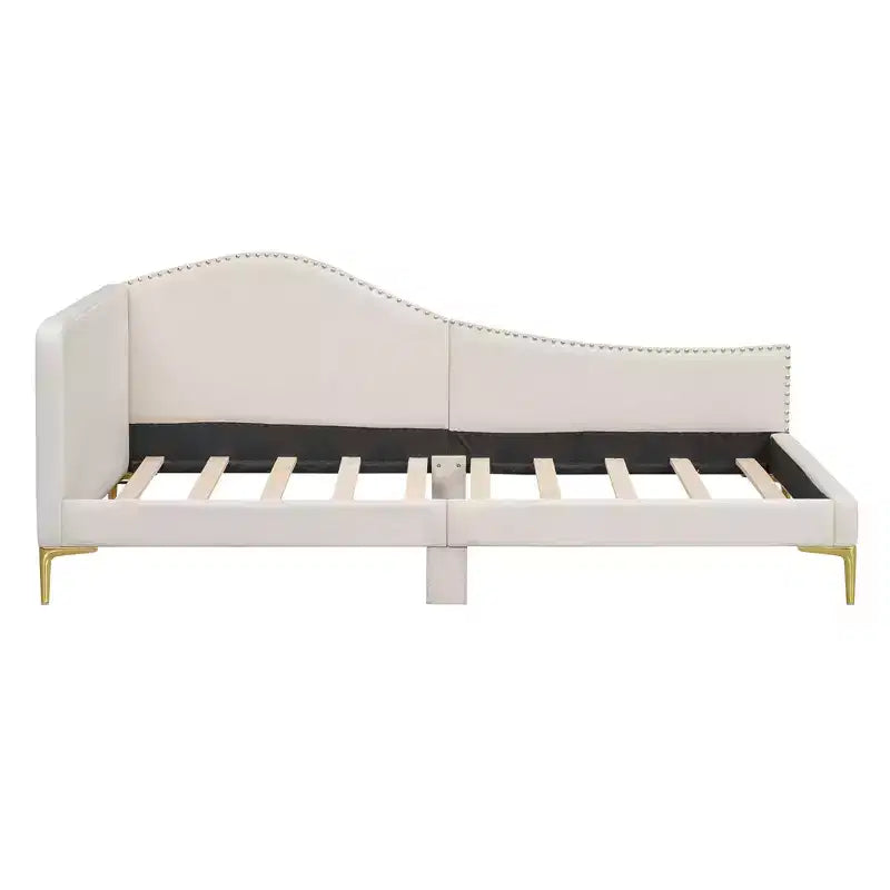Lit de repos capitonné Twin/Full avec tête de lit, accoudoir et pieds de support, Gris/Beige-ModernLuxe