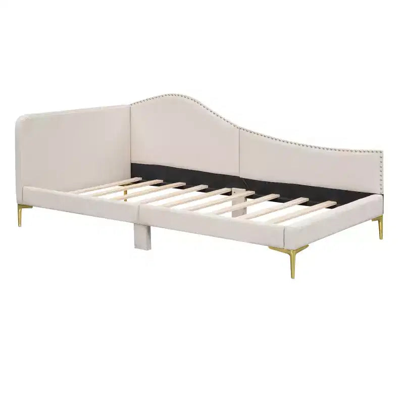 Lit de repos capitonné Twin/Full avec tête de lit, accoudoir et pieds de support, Gris/Beige-ModernLuxe