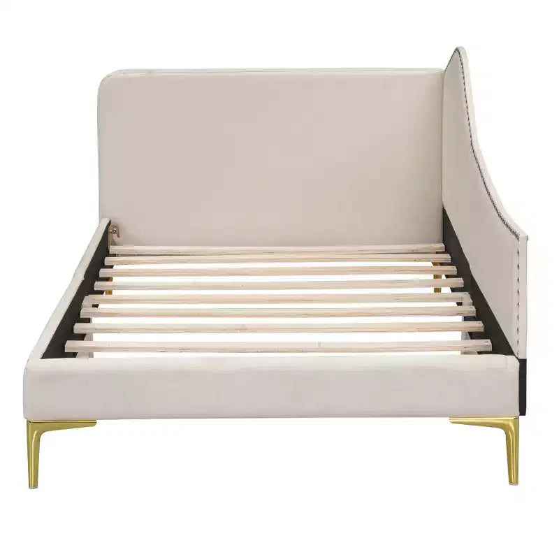 Lit de repos capitonné Twin/Full avec tête de lit, accoudoir et pieds de support, Gris/Beige-ModernLuxe