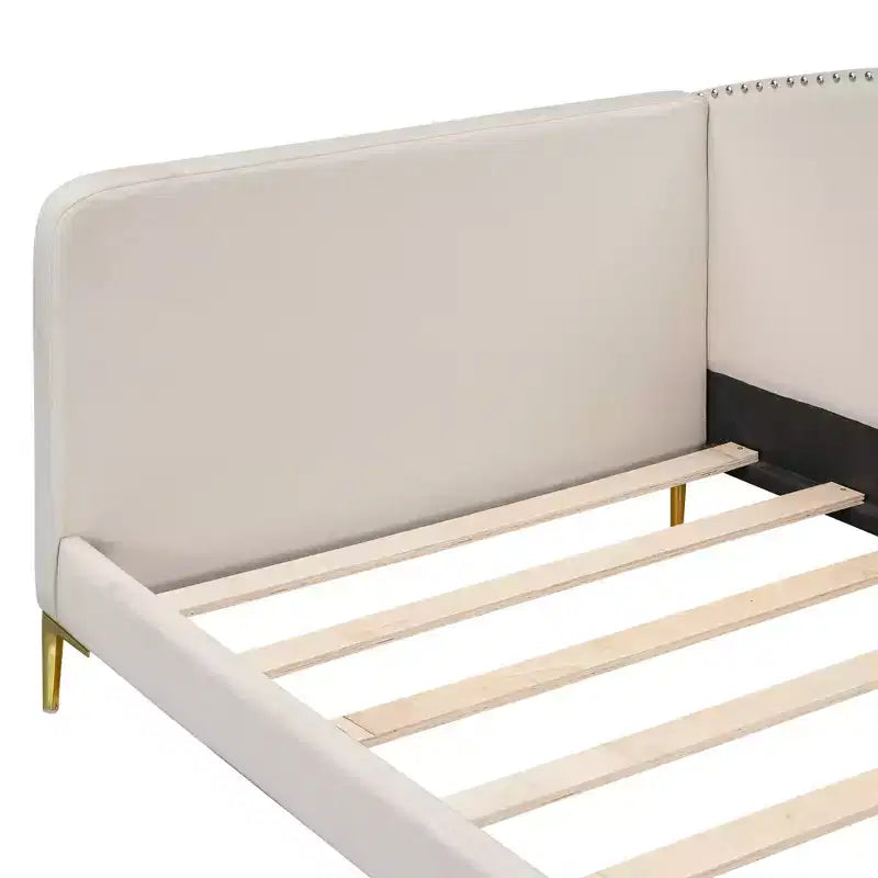 Lit de repos capitonné Twin/Full avec tête de lit, accoudoir et pieds de support, Gris/Beige-ModernLuxe