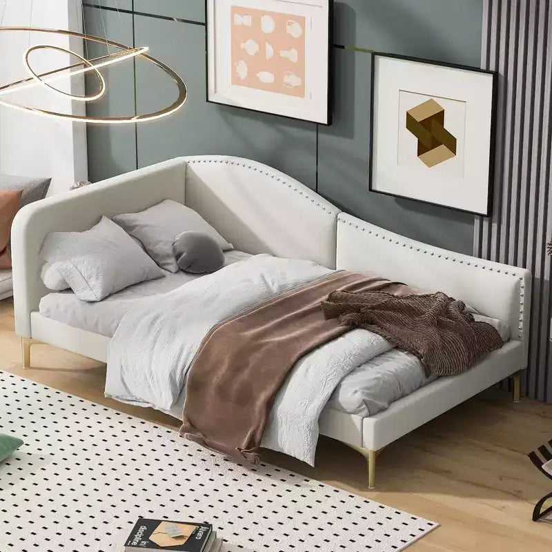 Twin/Full Size Upholstered Daybed with Headboard, Armrest and Support Legs, Grey/Beige-ModernLuxe