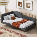 Lit de repos capitonné Twin/Full avec tête de lit, accoudoir et pieds de support, Gris/Beige-ModernLuxe