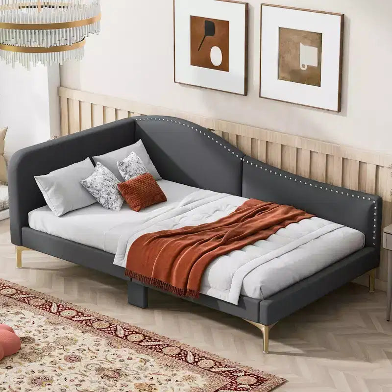 Lit de repos capitonné Twin/Full avec tête de lit, accoudoir et pieds de support, Gris/Beige-ModernLuxe