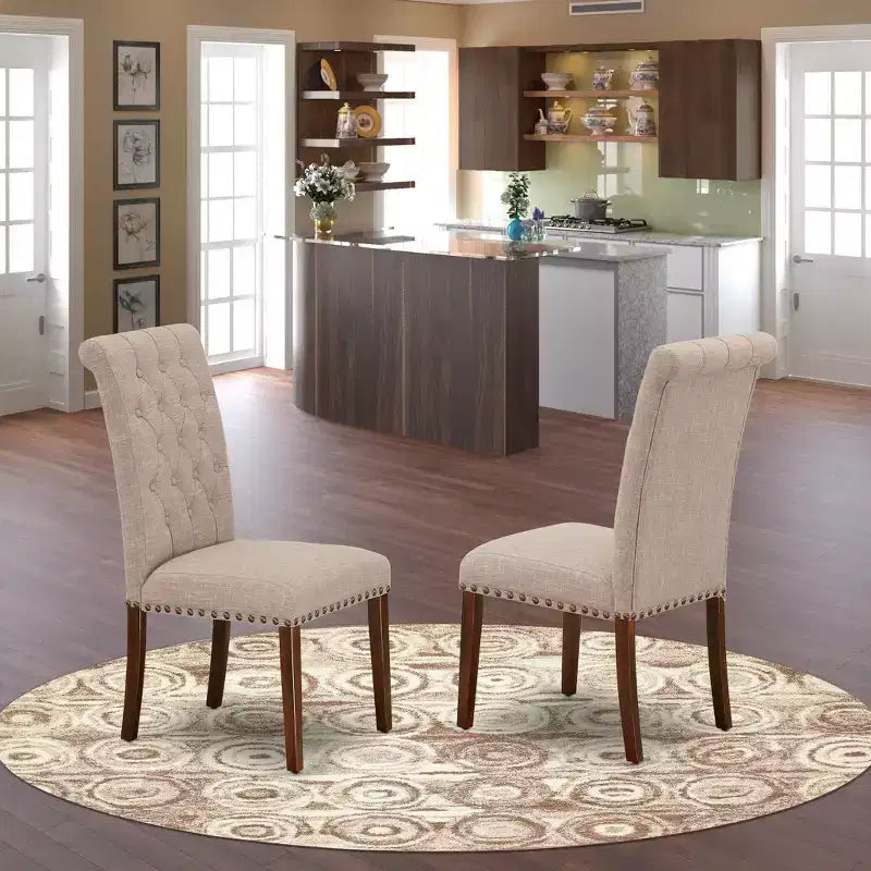 Chaises de salle à manger HomeStock Bremond Parson, capitonnées, avec clous décoratifs, tissu lin beige clair, lot de 2, acajou
