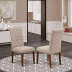 Chaises de salle à manger HomeStock Bremond Parson, capitonnées, avec clous décoratifs, tissu lin beige clair, lot de 2, acajou