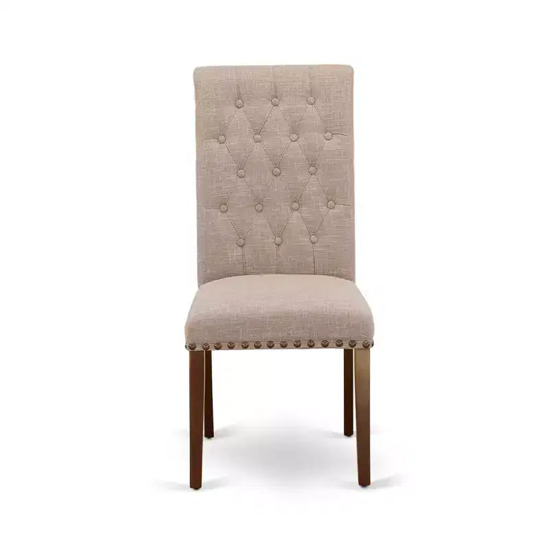 Chaises de salle à manger HomeStock Bremond Parson, capitonnées, avec clous décoratifs, tissu lin beige clair, lot de 2, acajou