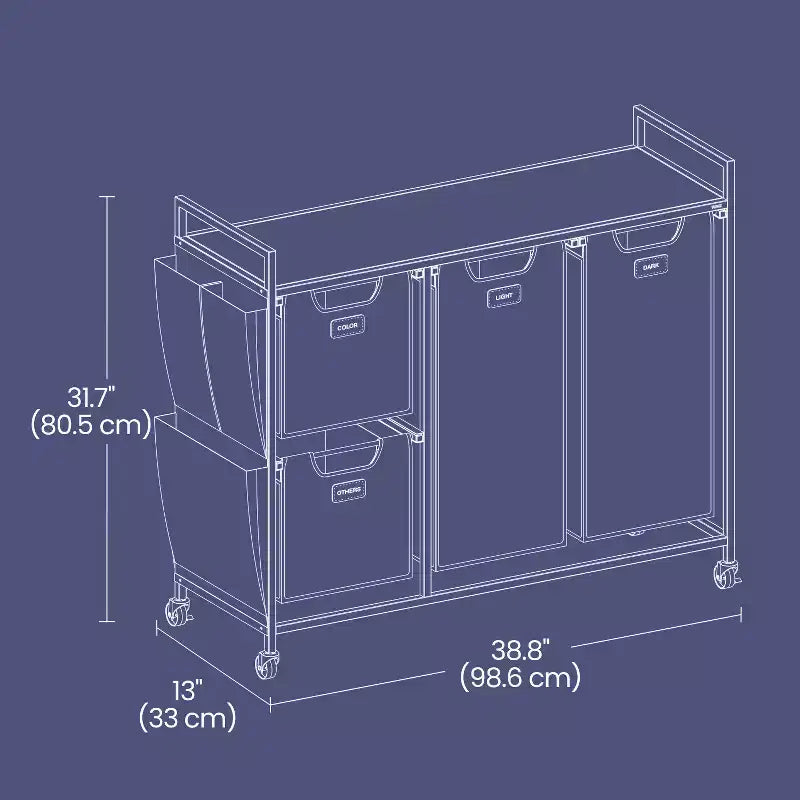 LEDREM Marron Châtaigne, Noir Encre et Gris Tourterelle 150 L (39,6 gal.) Panier à linge à 4 compartiments. Un chariot à linge roulant avec étagères et 6 étiquettes.