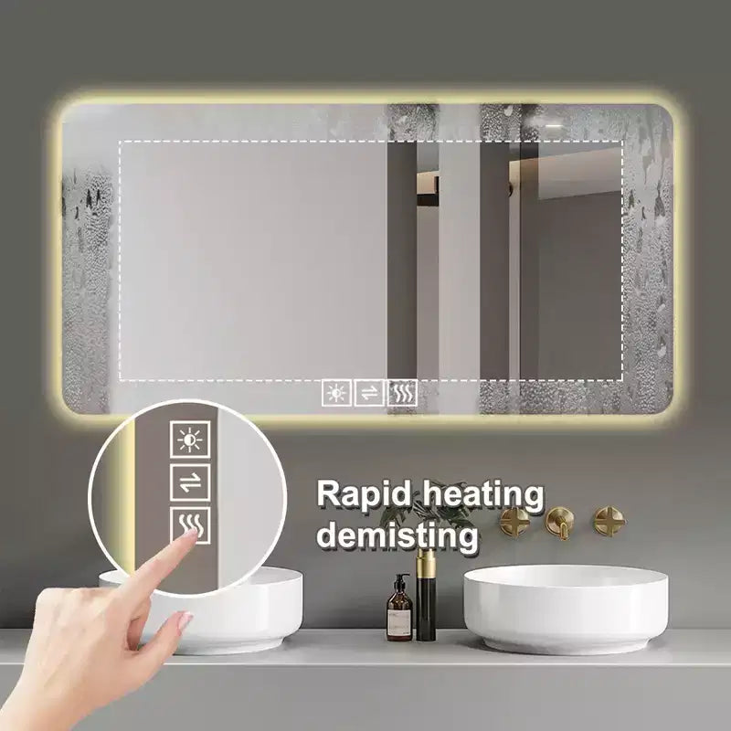 Miroir de salle de bain LED 28x60 : Résistant à la corrosion, Intensité lumineuse tricolore, Rétroéclairé avec fonction anti-buée