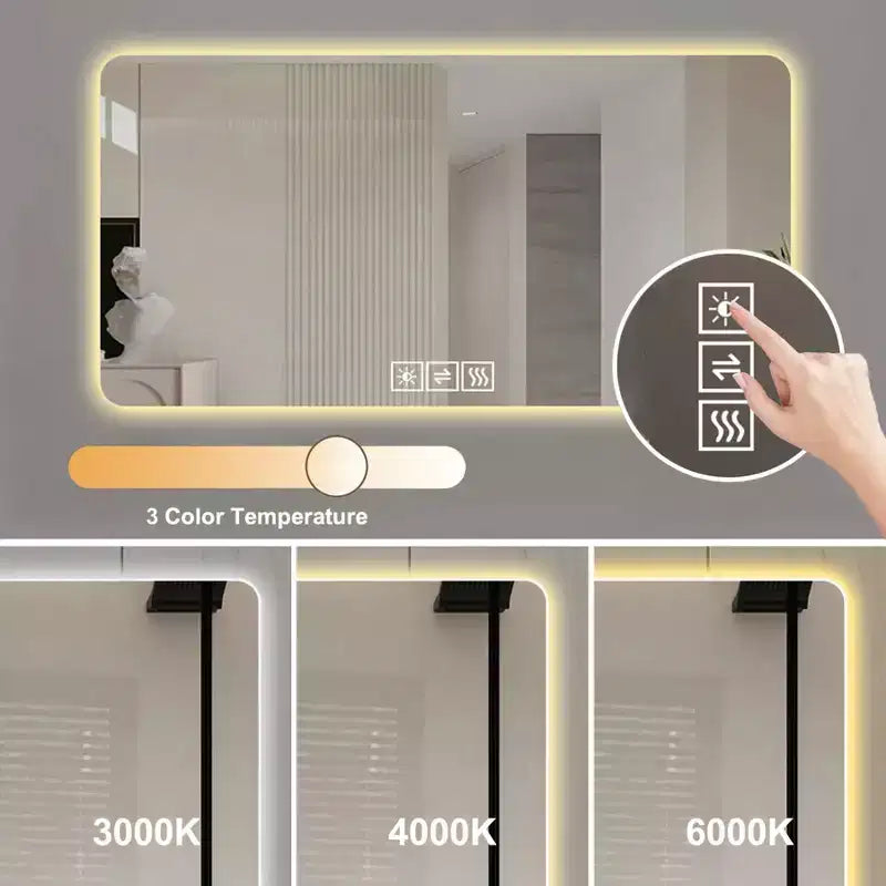 Miroir de salle de bain LED 28x60 : Résistant à la corrosion, Intensité lumineuse tricolore, Rétroéclairé avec fonction anti-buée