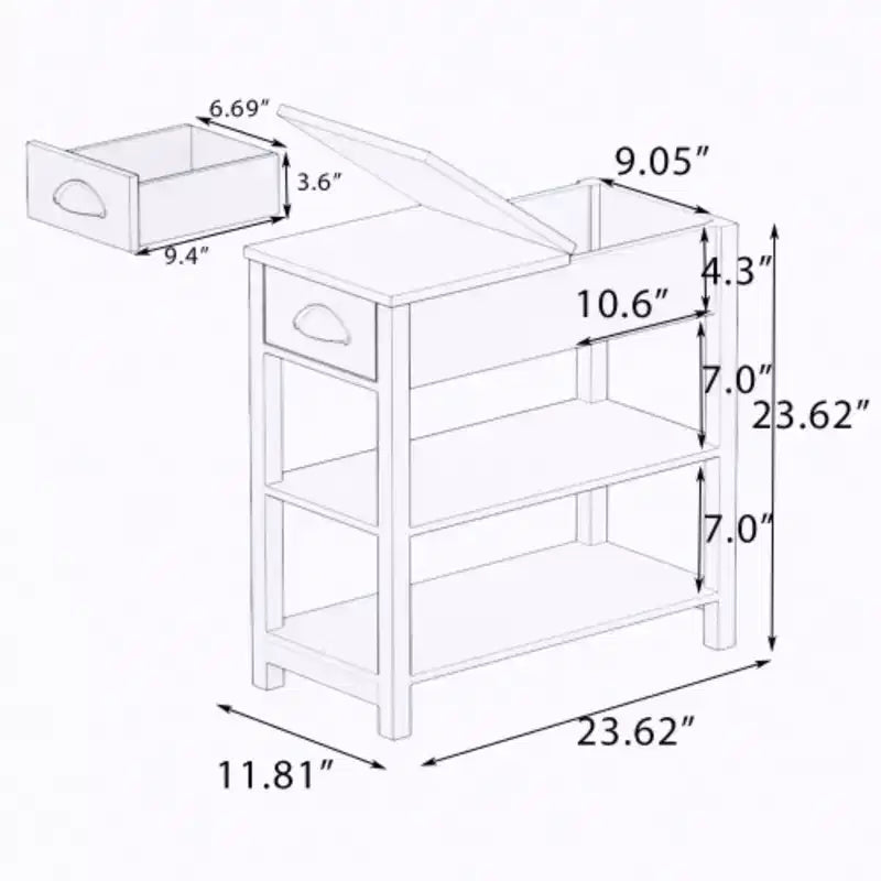 Table d'appoint étroite avec tiroirs et étagère inférieure, conception réversible - Blanc