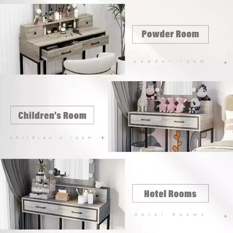 Table de maquillage Heynemo avec miroir Hollywood éclairé à 3 couleurs à intensité variable, coiffeuse avec 4 tiroirs