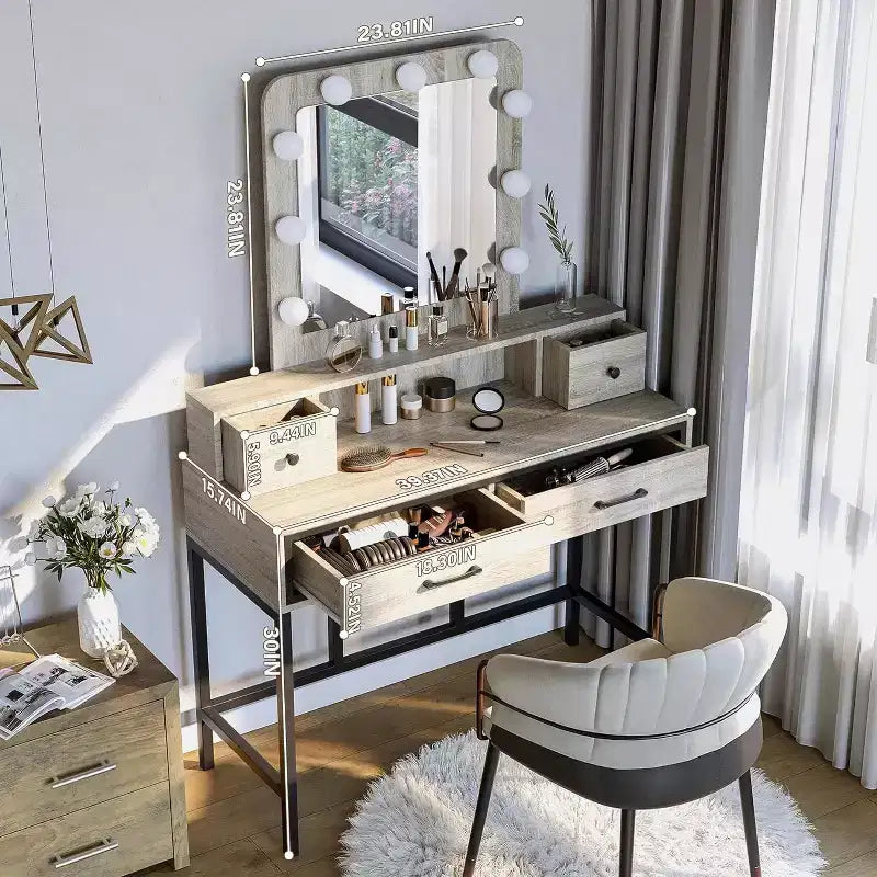 Table de maquillage Heynemo avec miroir Hollywood éclairé à 3 couleurs à intensité variable, coiffeuse avec 4 tiroirs