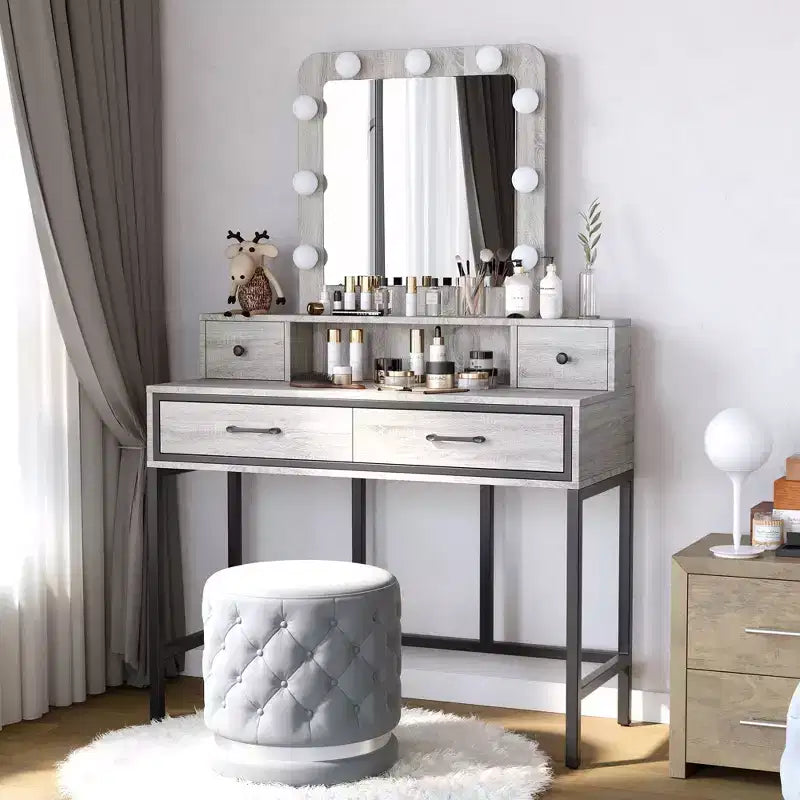 Table de maquillage Heynemo avec miroir Hollywood éclairé à 3 couleurs à intensité variable, coiffeuse avec 4 tiroirs