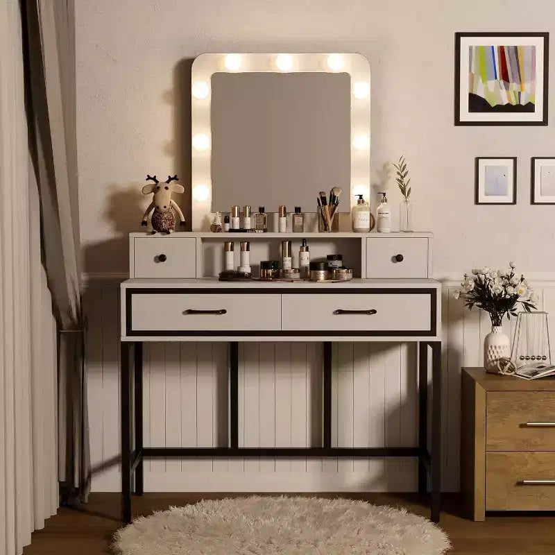 Table de maquillage Heynemo avec miroir Hollywood éclairé à 3 couleurs à intensité variable, coiffeuse avec 4 tiroirs