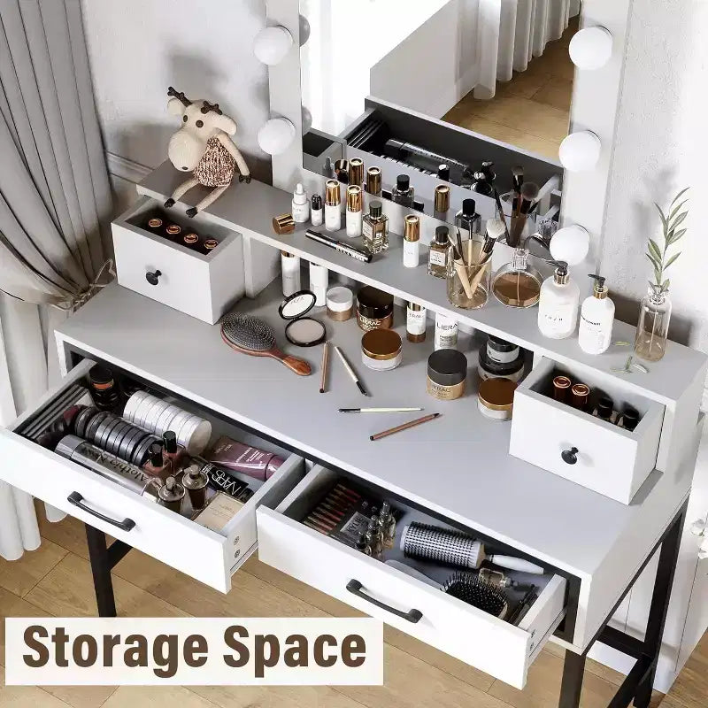 Table de maquillage Heynemo avec miroir Hollywood éclairé à 3 couleurs à intensité variable, coiffeuse avec 4 tiroirs