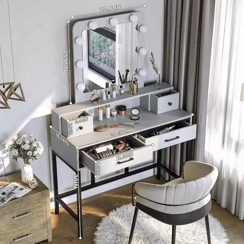 Table de maquillage Heynemo avec miroir Hollywood éclairé à 3 couleurs à intensité variable, coiffeuse avec 4 tiroirs