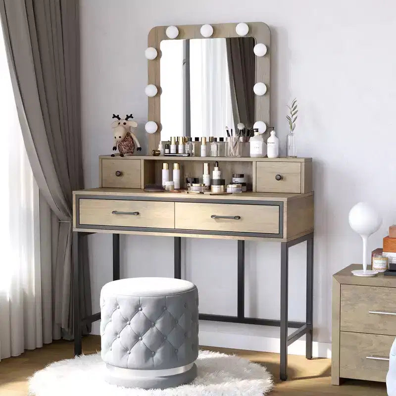 Table de maquillage Heynemo avec miroir Hollywood éclairé à 3 couleurs à intensité variable, coiffeuse avec 4 tiroirs
