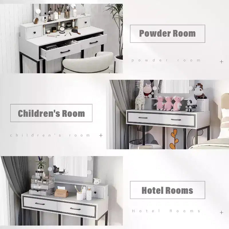 Table de maquillage Heynemo avec miroir Hollywood éclairé à 3 couleurs à intensité variable, coiffeuse avec 4 tiroirs