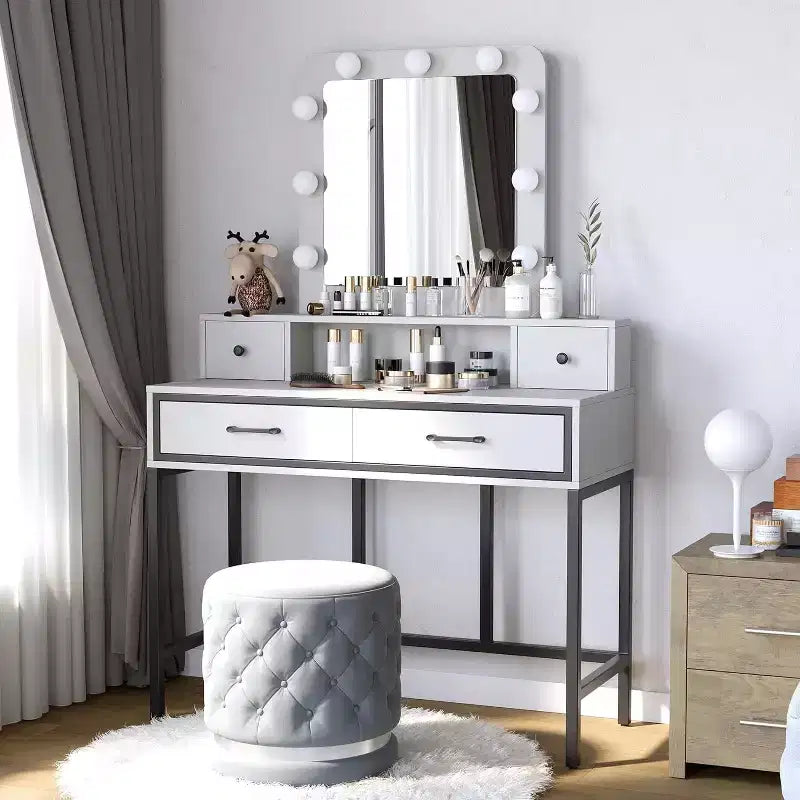Table de maquillage Heynemo avec miroir Hollywood éclairé à 3 couleurs à intensité variable, coiffeuse avec 4 tiroirs