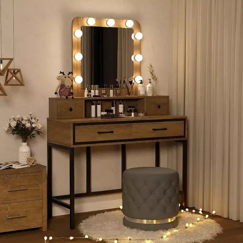 Table de maquillage Heynemo avec miroir Hollywood éclairé à 3 couleurs à intensité variable, coiffeuse avec 4 tiroirs