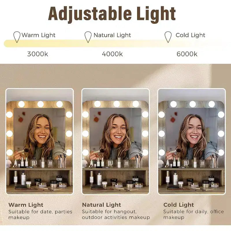 Table de maquillage Heynemo avec miroir Hollywood éclairé à 3 couleurs à intensité variable, coiffeuse avec 4 tiroirs