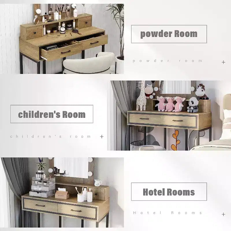 Table de maquillage Heynemo avec miroir Hollywood éclairé à 3 couleurs à intensité variable, coiffeuse avec 4 tiroirs