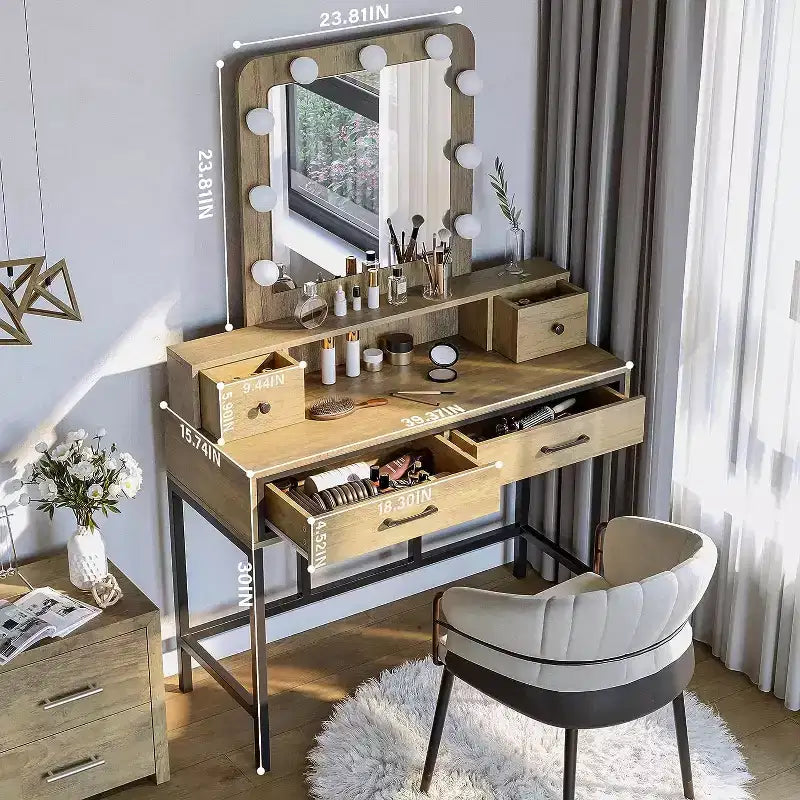 Table de maquillage Heynemo avec miroir Hollywood éclairé à 3 couleurs à intensité variable, coiffeuse avec 4 tiroirs