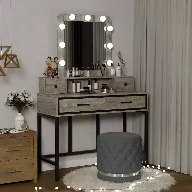 Table de maquillage Heynemo avec miroir Hollywood éclairé à 3 couleurs à intensité variable, coiffeuse avec 4 tiroirs