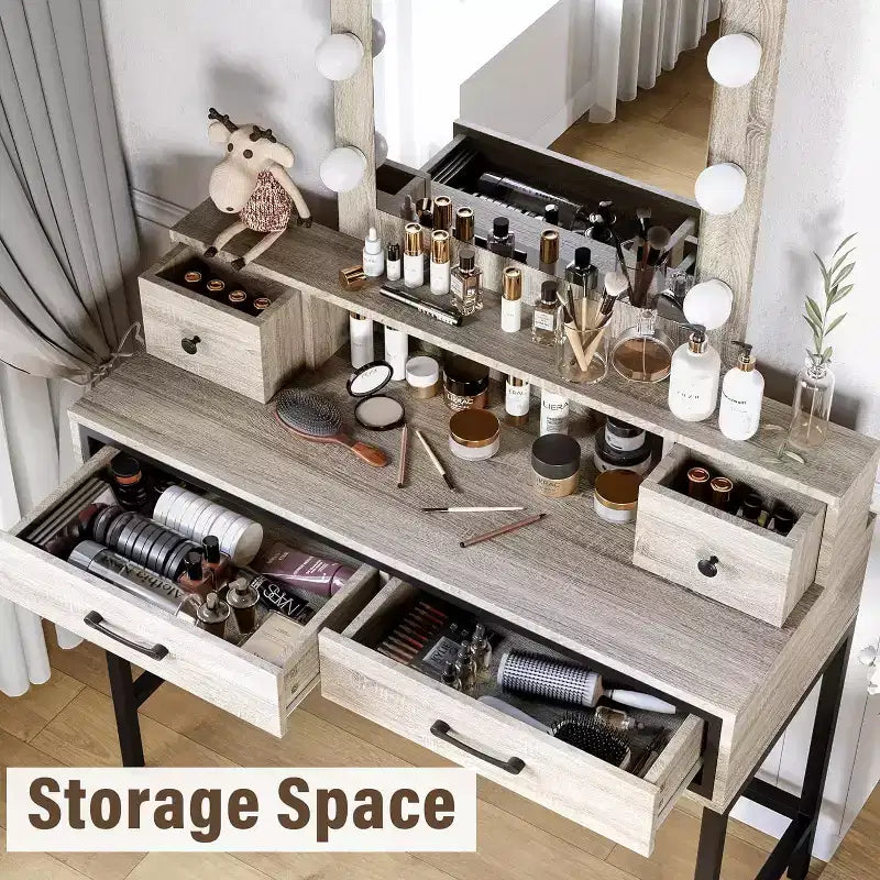 Table de maquillage Heynemo avec miroir Hollywood éclairé à 3 couleurs à intensité variable, coiffeuse avec 4 tiroirs