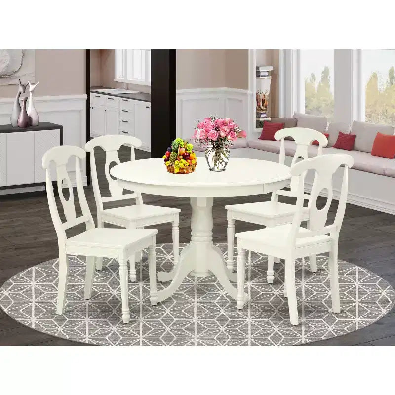 HomeStock HLKE5-LWH-W 5PC Round Linen White Dining Set