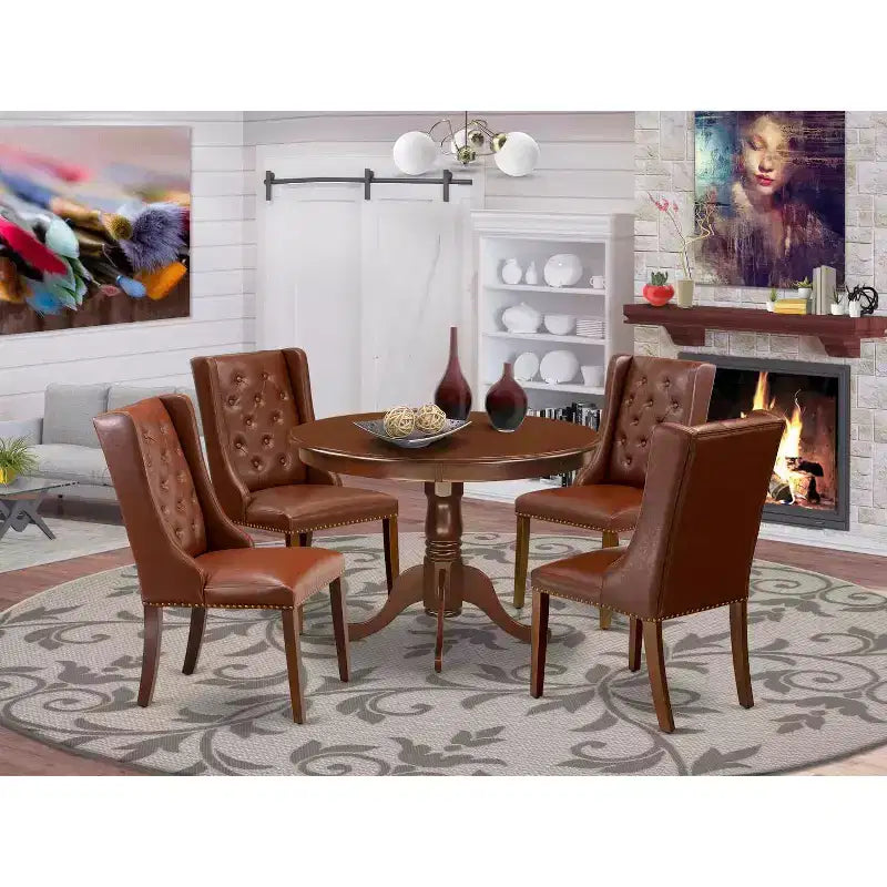 HomeStock 5 Piece Round Kitchen Table Set Brown Faux Leather Chairs Modern