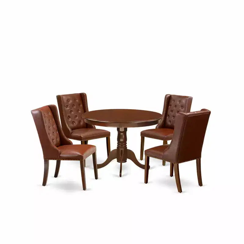 Ensemble de salle à manger 5 pièces HomeStock, table ronde et chaises modernes en similicuir marron