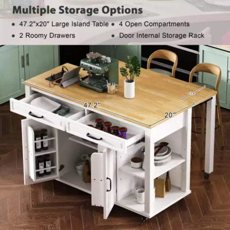 Îlot de cuisine blanc de 47 pouces avec table à manger extensible, table de cuisine en placage de bois d'hévéa avec rangement, 2 tiroirs, 2 placards