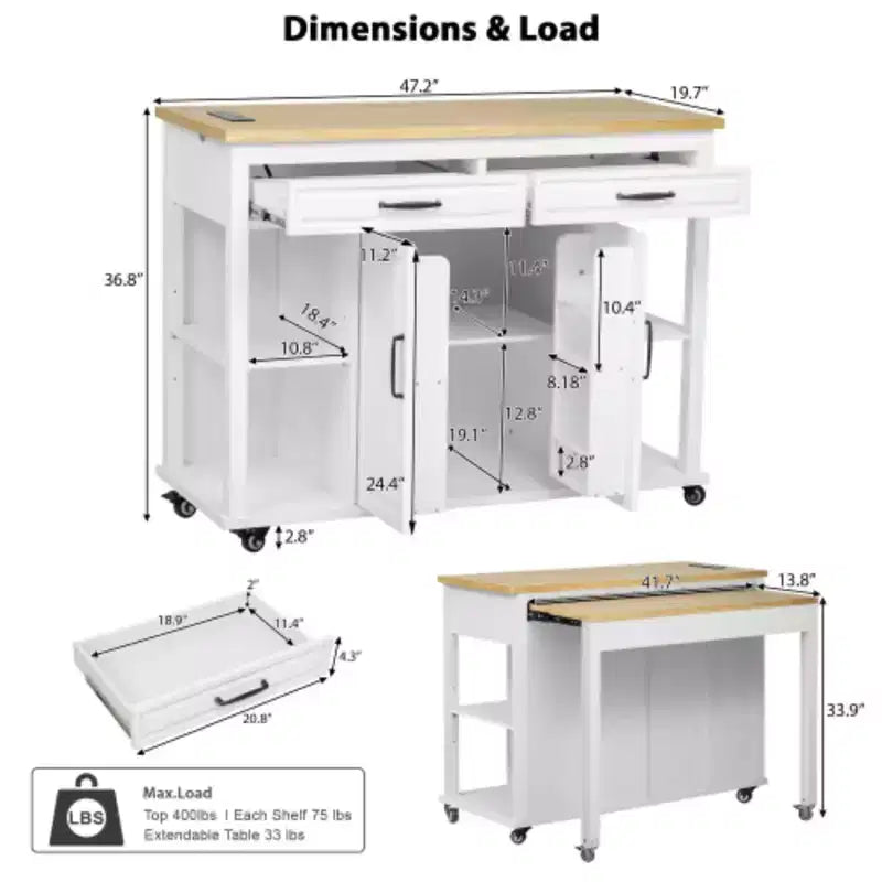 Îlot de cuisine blanc de 47 pouces avec table à manger extensible, table de cuisine en placage de bois d'hévéa avec rangement, 2 tiroirs, 2 placards
